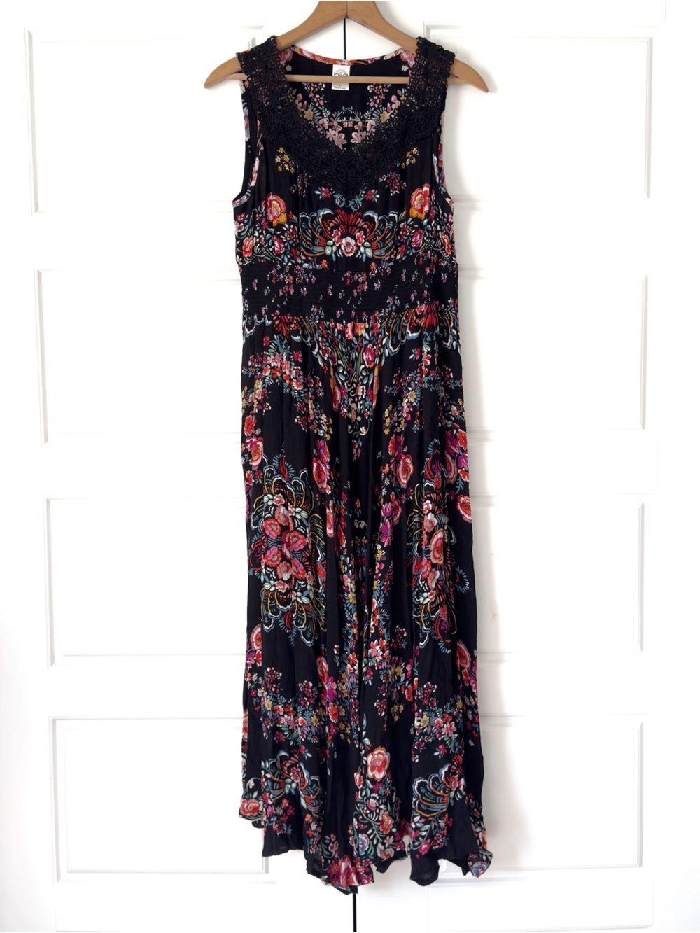 Bila Boho Floral Midi Dress Large Black Crochet Festival Colorful Asymmetric Hem